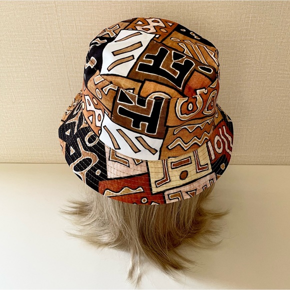 Earth Tone Polynesian Tiki Tropical Print Bucket Hat, Reversible, Unisex… - Picture 3 of 6